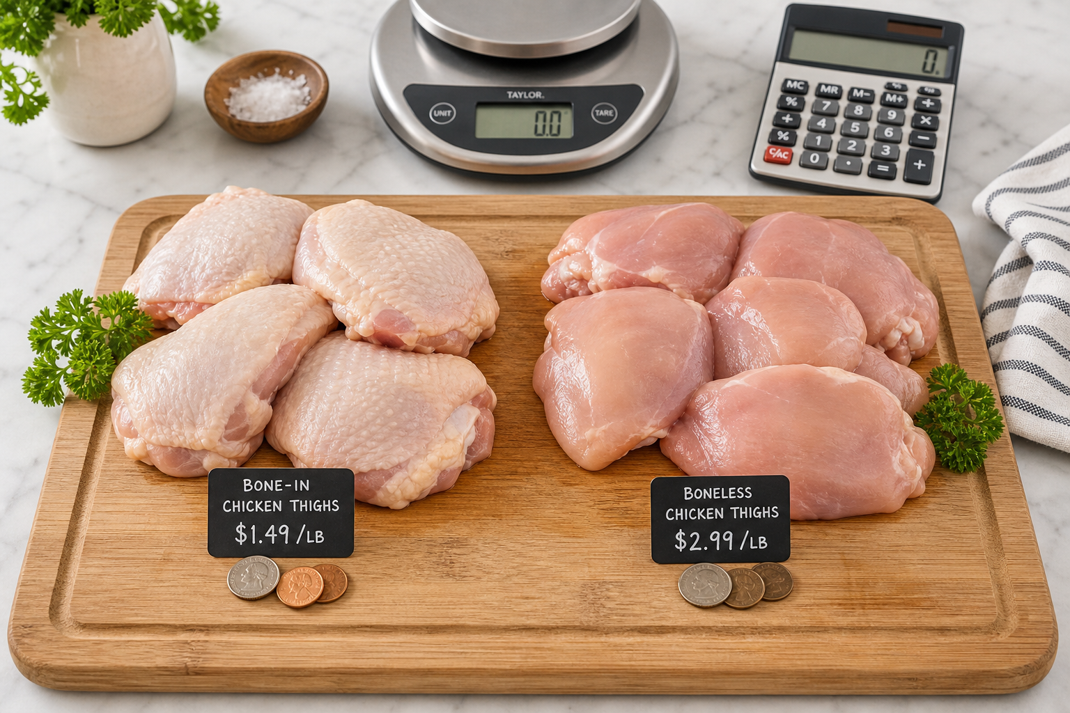 Bone-in and boneless chicken thighs side by side with price comparison elements