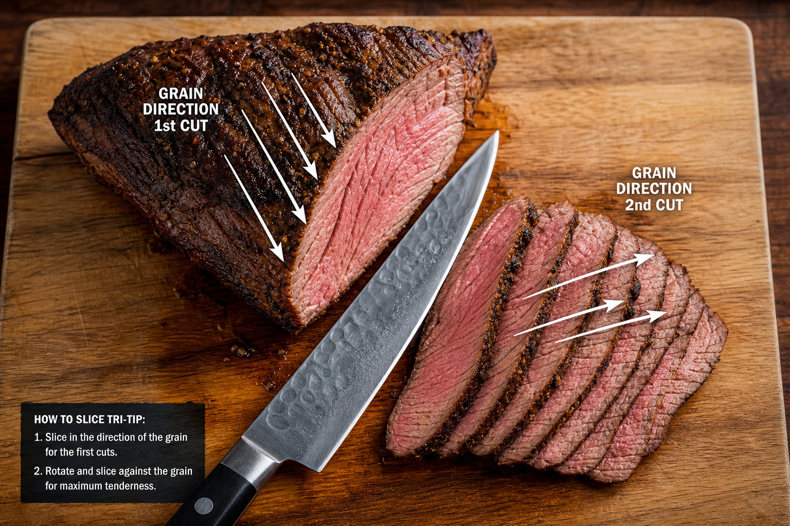 Tri-Tip Steak Guide: Price, Cut Quality & Santa Maria Cooking 9 Sliced tri-tip steak demonstrating the two different grain directions for proper cutting