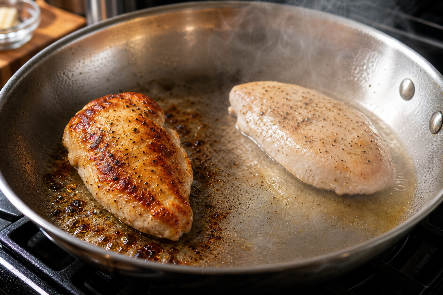 Chicken breasts cooking in skillet using two-zone heat method
