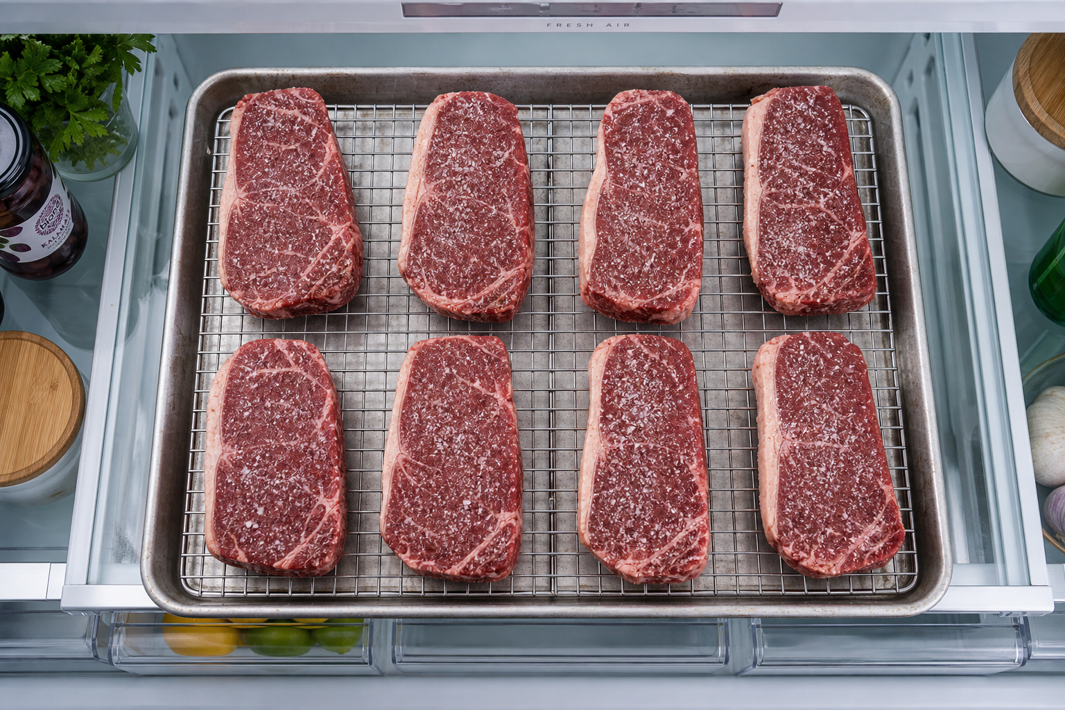 Salted steaks on wire rack in refrigerator for dry brining
