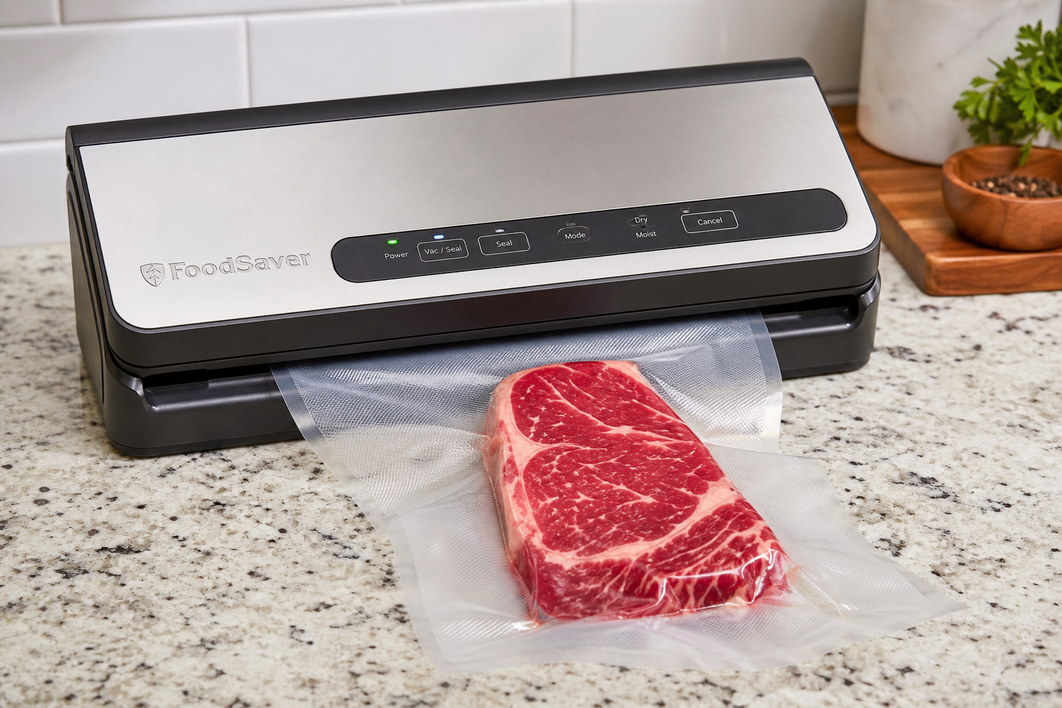 Vacuum sealer machine sealing a fresh steak in plastic bag on kitchen counter