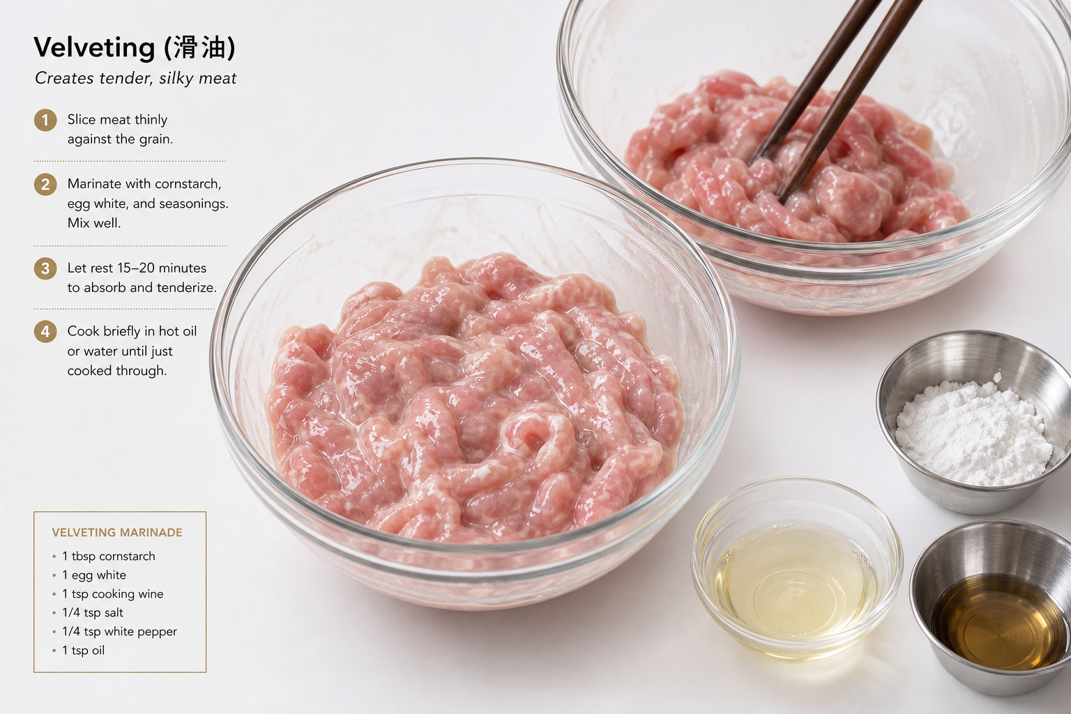 Best Cuts of Meat for Stir-Fry on a Budget 8 Sliced meat coated in cornstarch mixture demonstrating the velveting technique