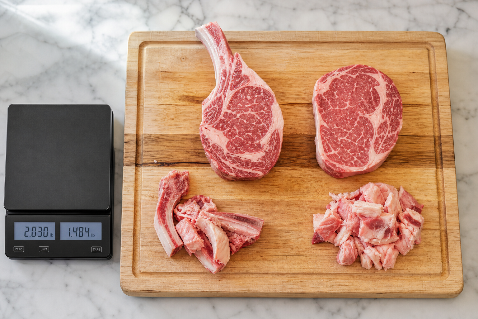 Comparison of bone-in and boneless meat cuts showing yield differences