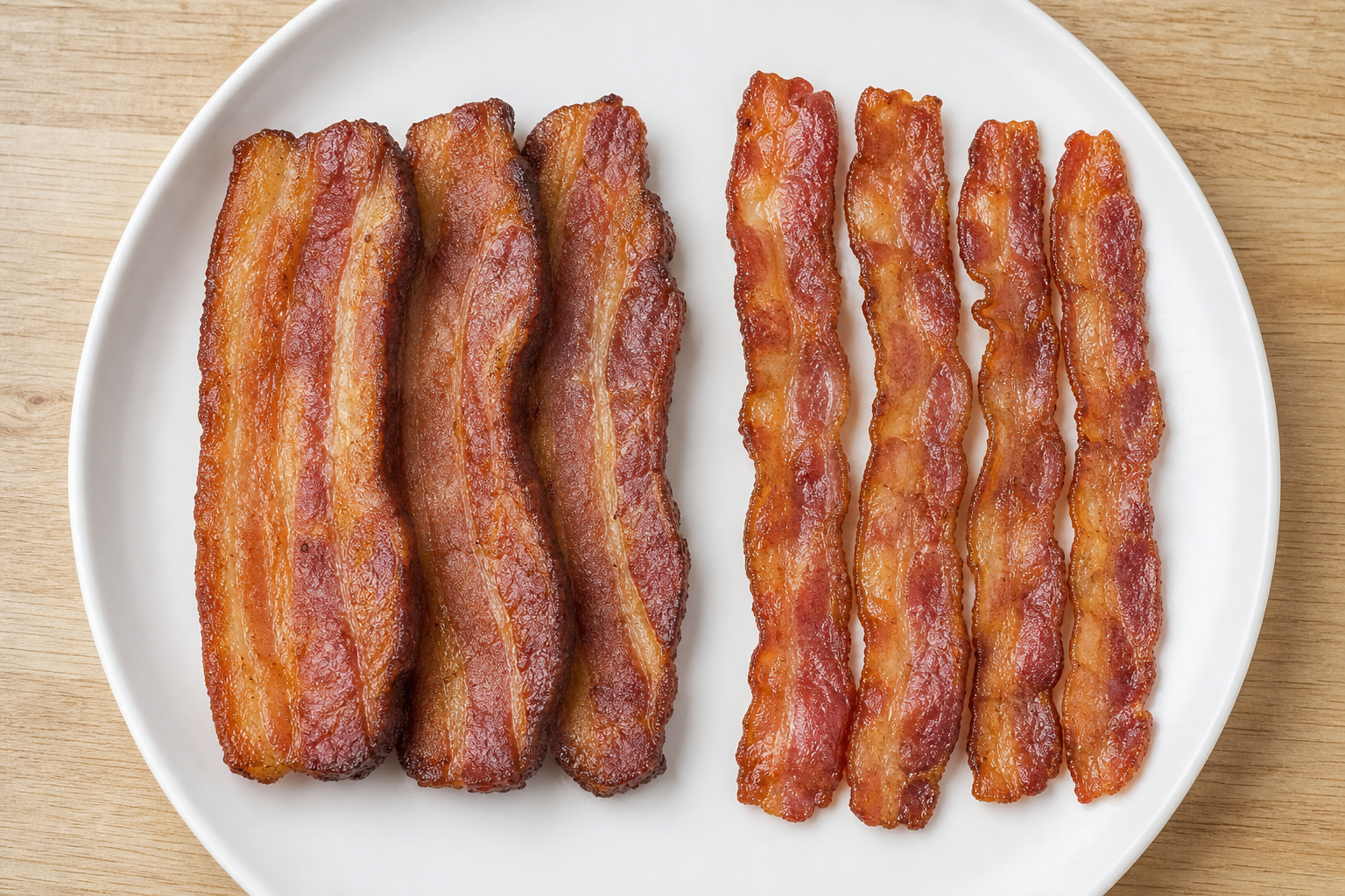 Side-by-side comparison of thick-cut and regular bacon strips on a white plate