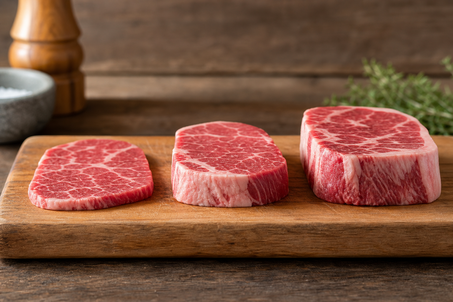 How to Choose the Best Steak at the Grocery Store 8 Three raw steaks of varying thickness displayed side by side to show size comparison
