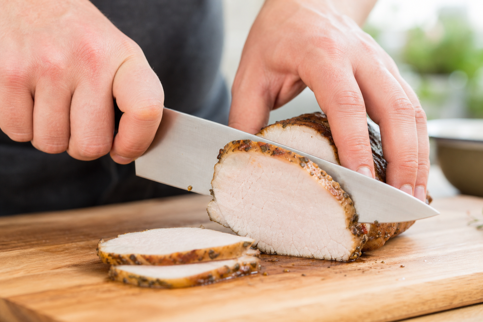 How to Cut a Whole Pork Loin Into Chops, Roasts & More 11 Close-up of knife making a clean cut through pork loin