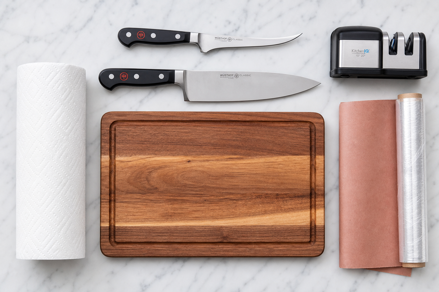 How to Cut Your Own Ribeye Steaks from a Whole Costco Primal 7 Butchering tools laid out on a counter including knives, cutting board, and wrapping materials
