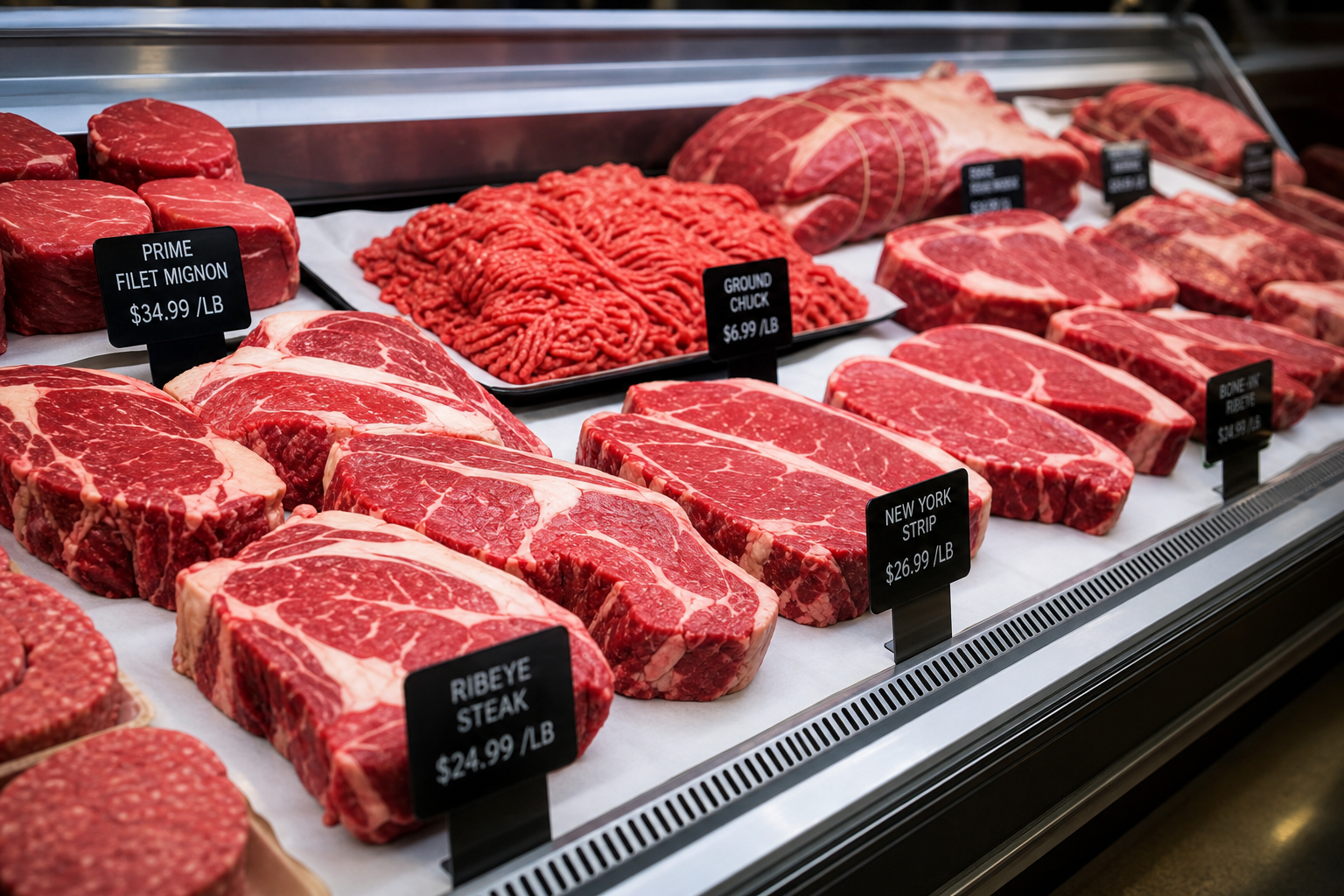 Ranking U.S. Grocery Store Meat Departments by Quality 4 Premium quality meat counter display with high-grade beef cuts