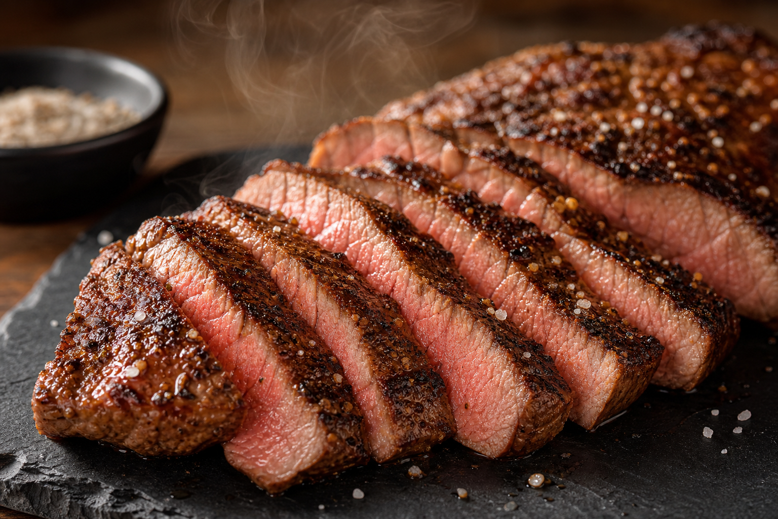 Sliced grilled tri-tip steak showing medium-rare interior on slate board