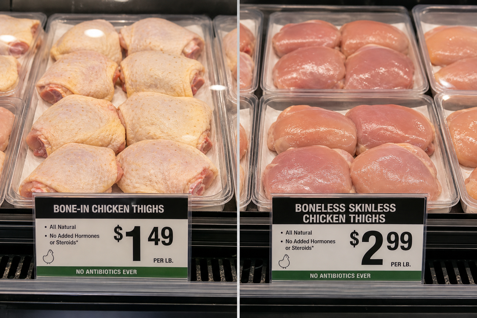 Side-by-side price comparison of bone-in versus boneless meat cuts in grocery store