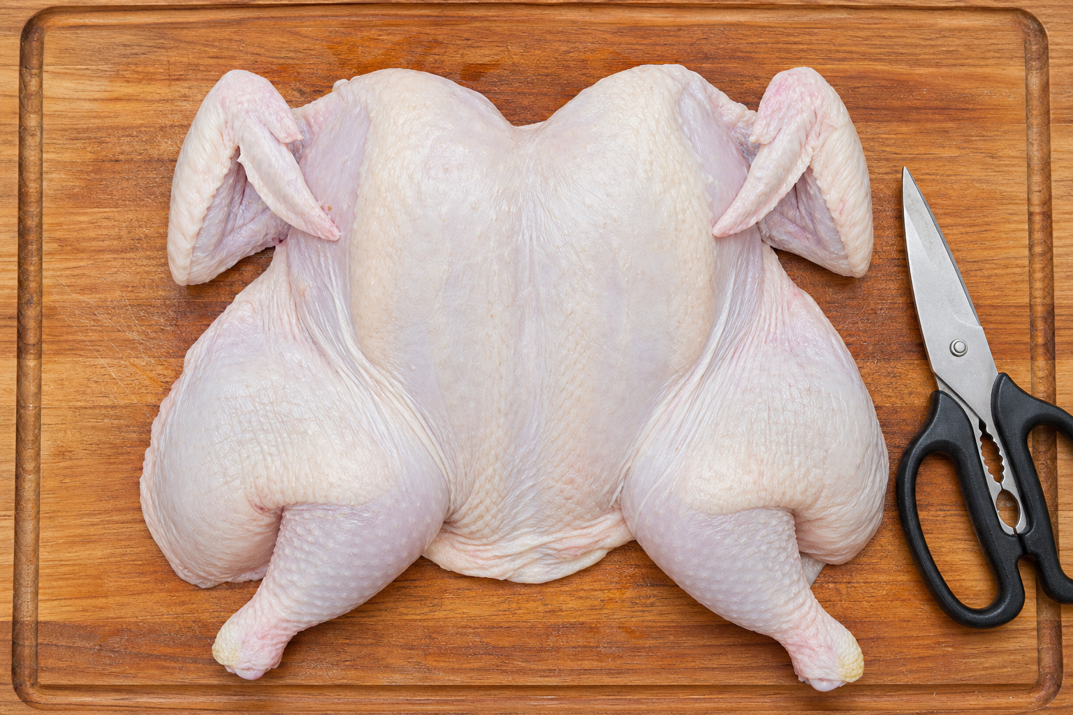 How to Fix Dry Smoked Chicken: Brining and Temperature Tips 11 Spatchcocked raw chicken flattened on a cutting board with backbone removed