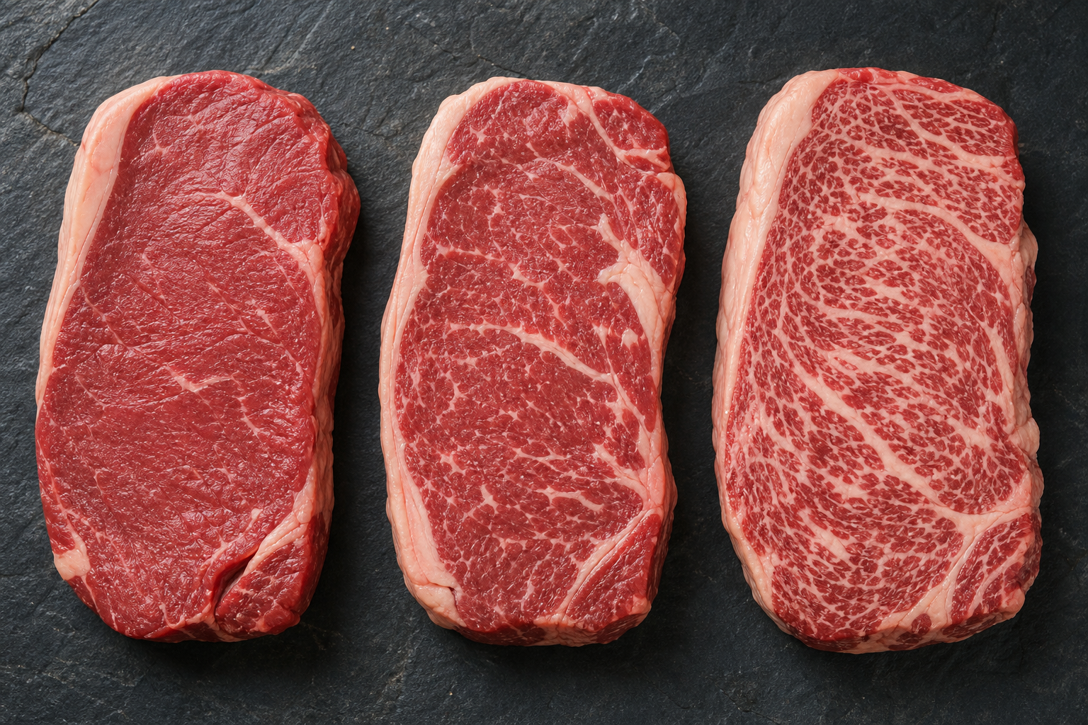 How to Shop at a Butcher Shop: A Beginner's Guide 9 Three different grades of beef steaks showing varying levels of marbling and quality