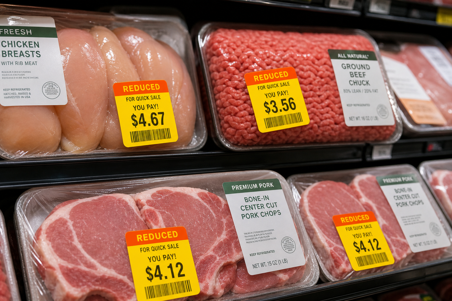 Packaged meat with manager's special markdown price stickers in refrigerated grocery case