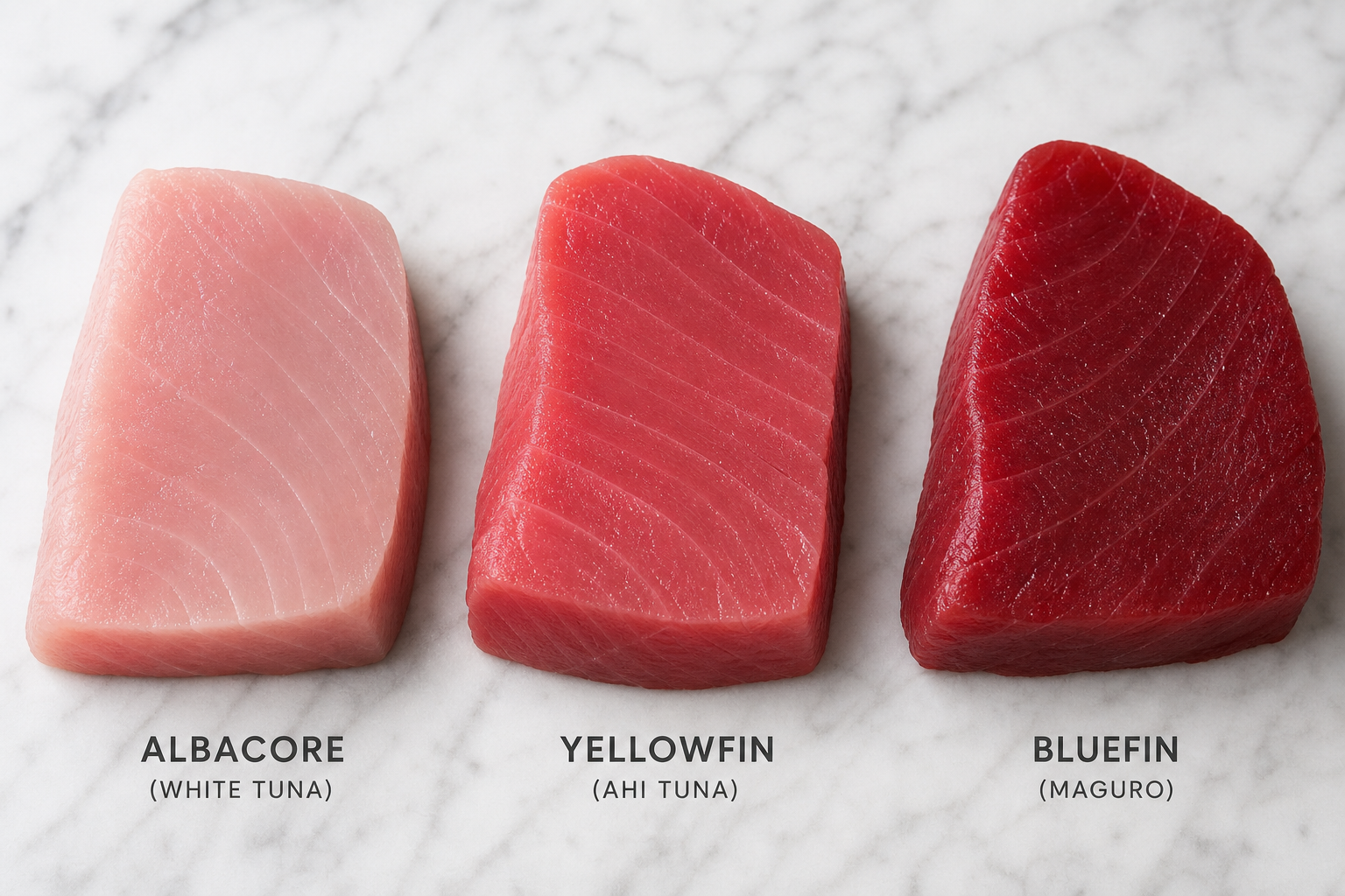 Three different types of fresh tuna steaks showing color variations between albacore, yellowfin, and bluefin