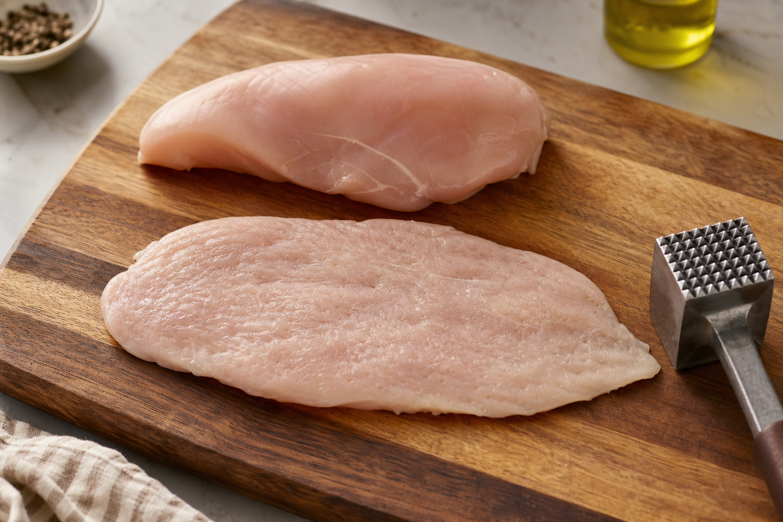 Comparison of uneven chicken breast next to evenly pounded chicken breast on cutting board