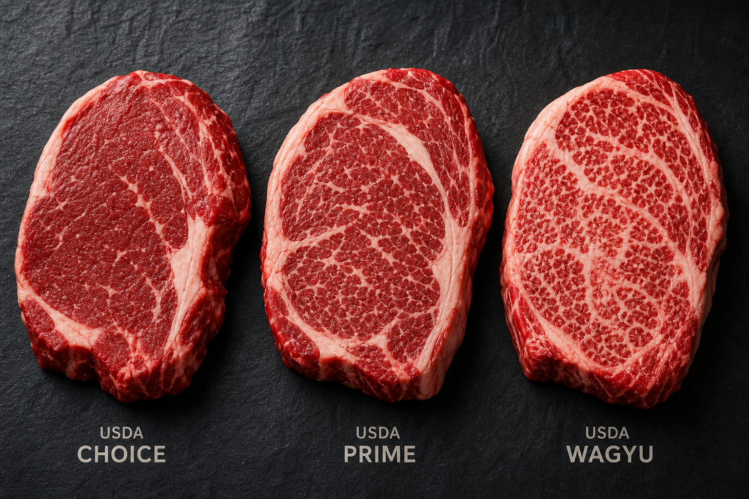 Three ribeye steaks displaying different levels of marbling representing USDA grade variations