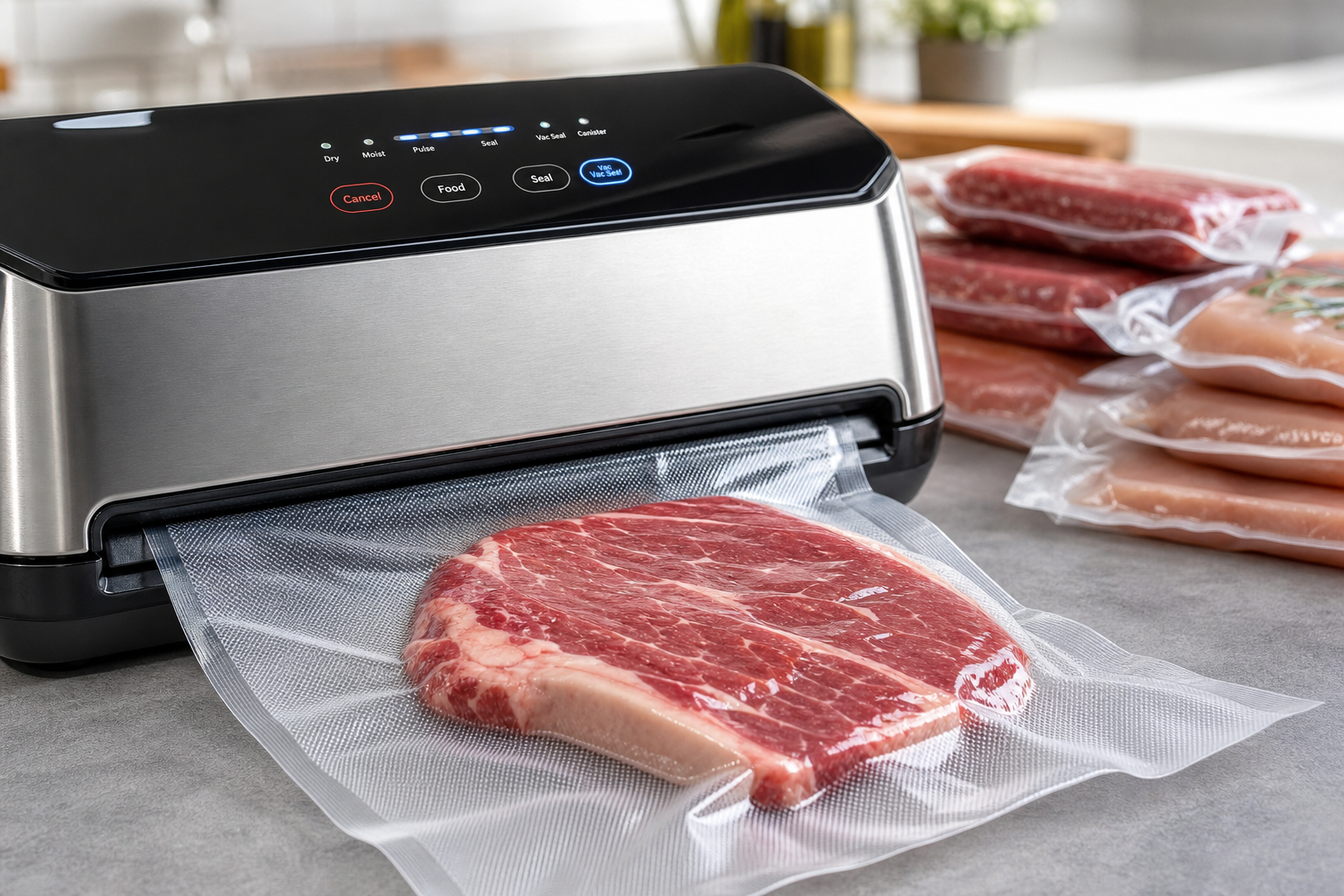 How to Freeze Bulk Meat Without Waste: 3 Essential Steps 8 Vacuum sealer machine sealing meat in plastic bag on kitchen counter