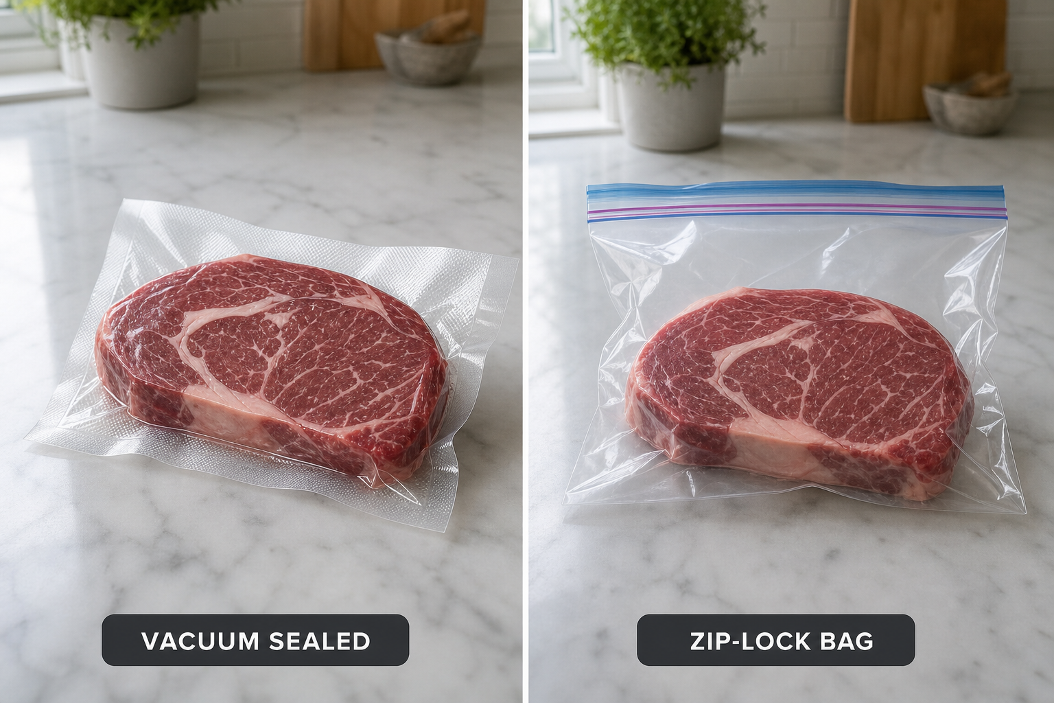 Side-by-side comparison of vacuum-sealed meat versus meat in freezer bag