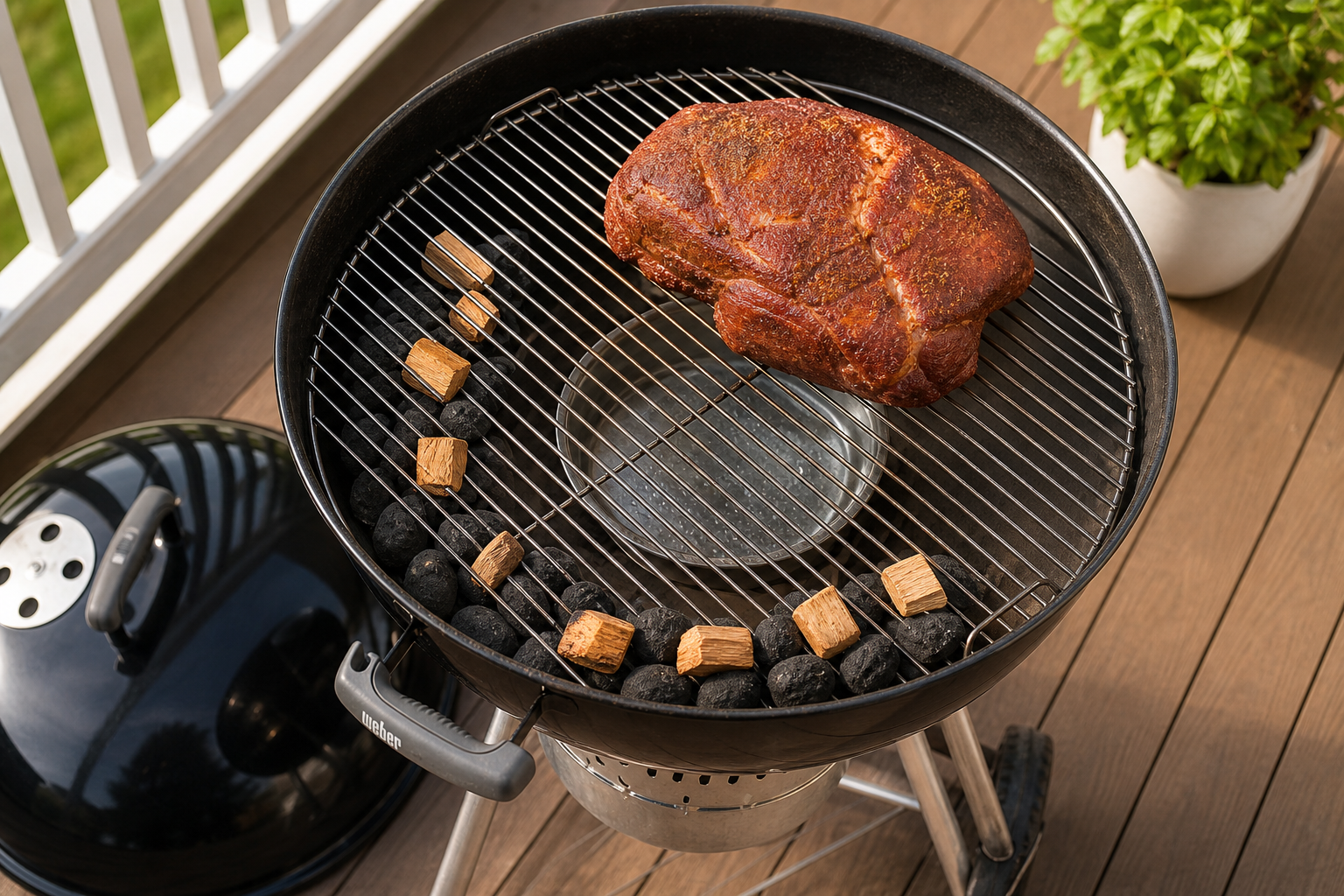Weber Kettle grill configured for smoking with snake method charcoal arrangement and meat