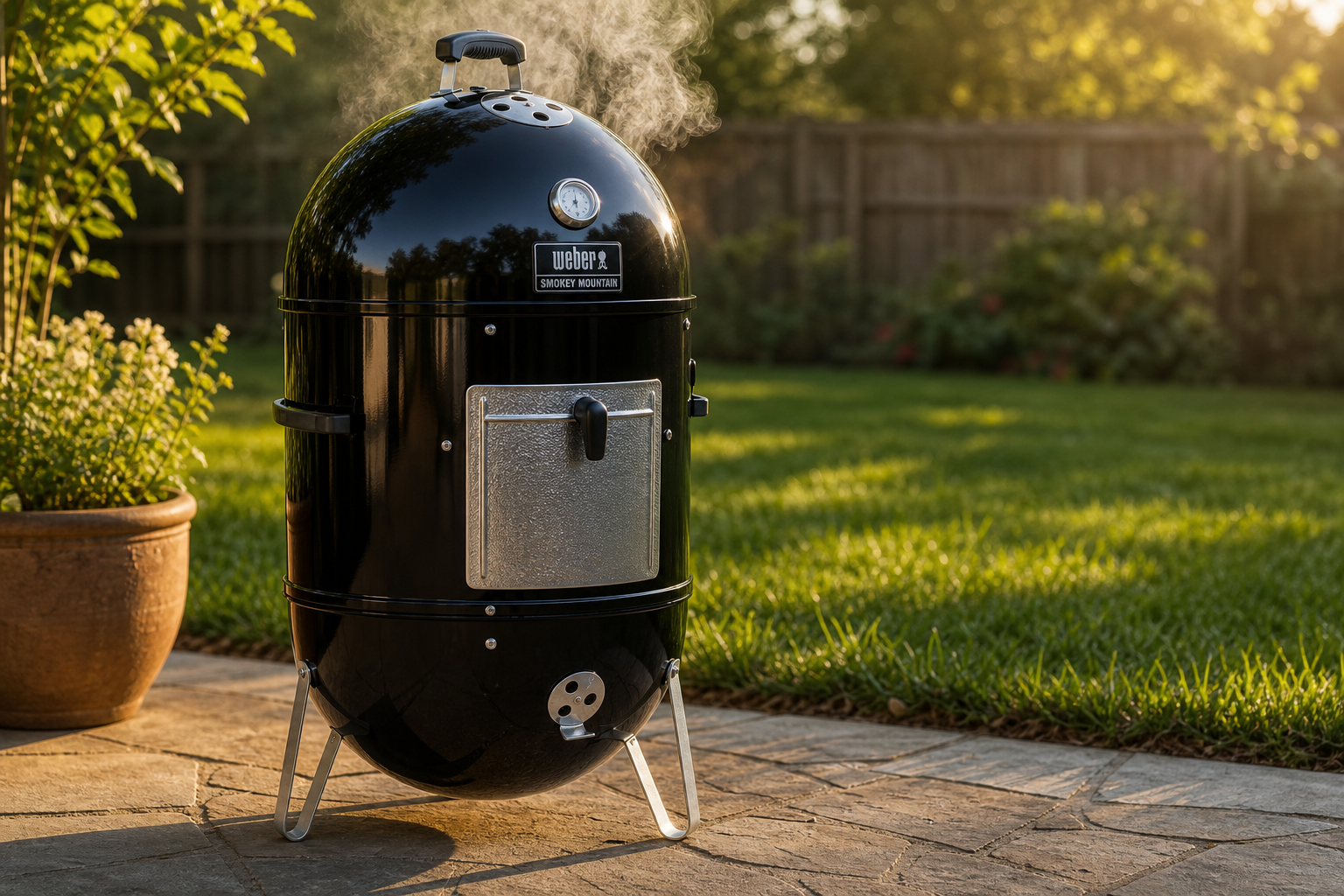 Weber Smokey Mountain bullet smoker with smoke coming from vents on backyard patio