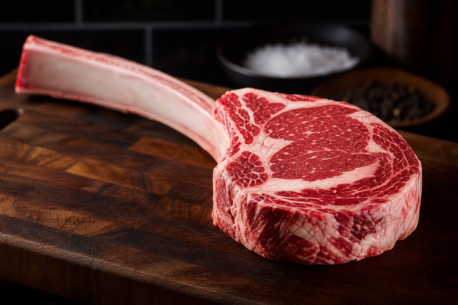 Tomahawk Steak: Is the Bone-In Ribeye Worth the Premium Price? 5 Raw tomahawk ribeye steak with long bone on wooden cutting board