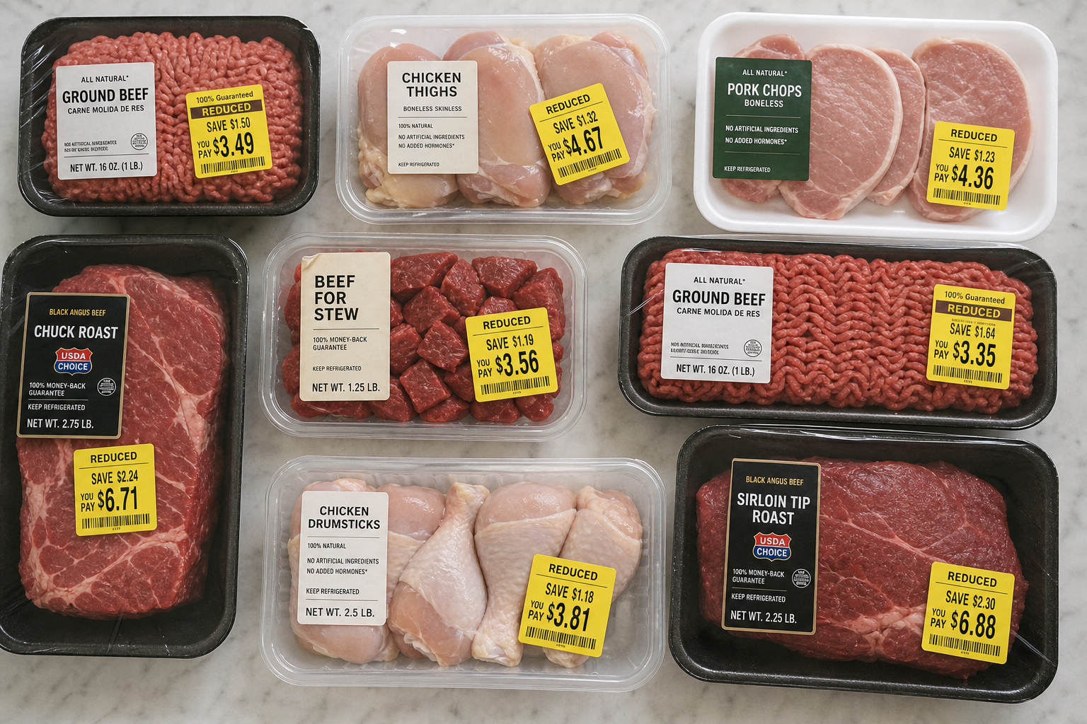 How to Save Money on Markdown Meat at the Grocery Store 10 Variety of discounted meat cuts with markdown stickers