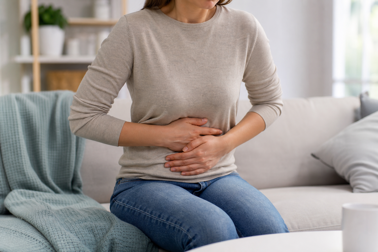 Person holding stomach showing discomfort from food poisoning symptoms