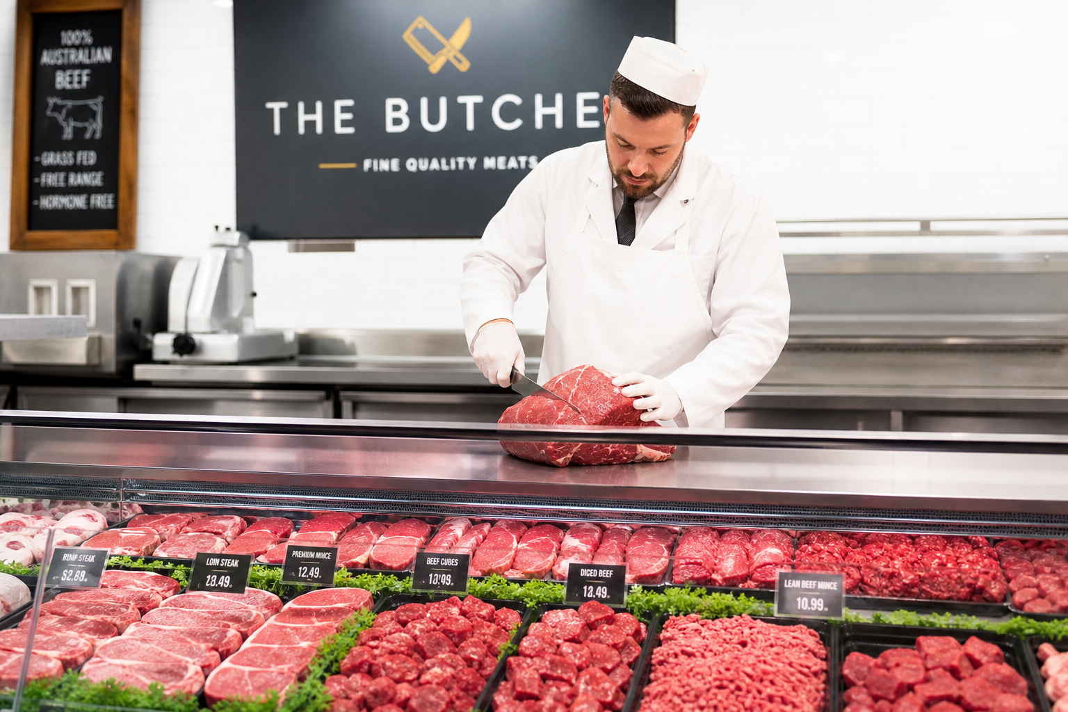 How to Use Grocery Store Butcher Counter Services to Save Money 7 Professional butcher cutting meat behind grocery store counter