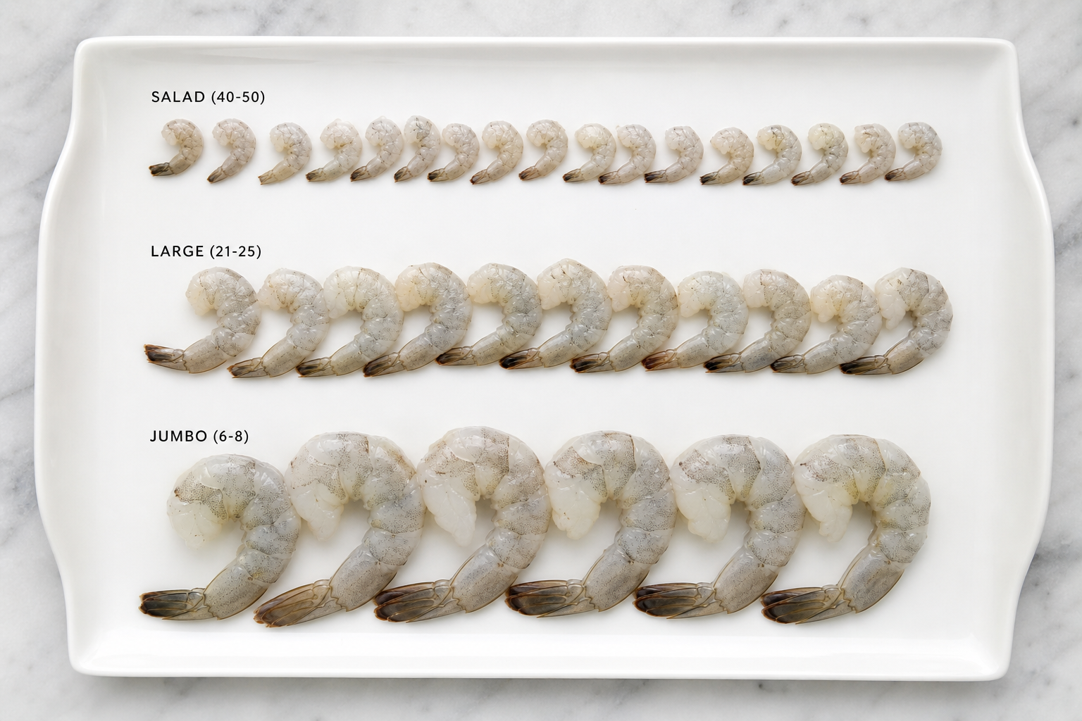 How to Buy Shrimp: Fresh vs Frozen, Sizing, and What to Look For 8 Different sizes of raw shrimp arranged from smallest to largest showing sizing variations