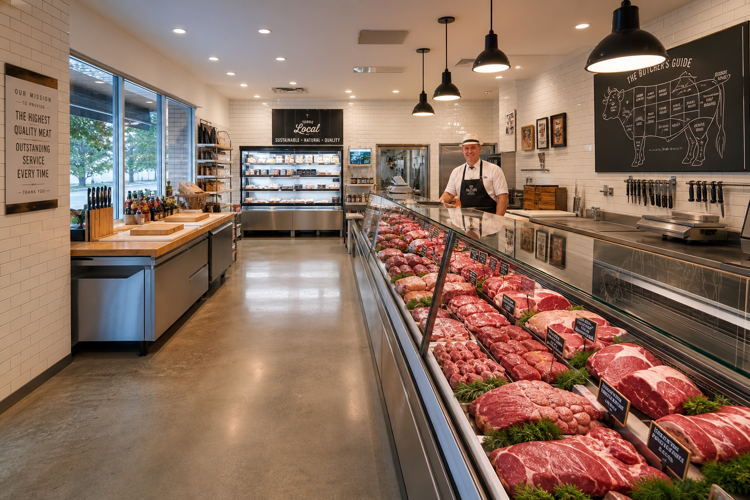 How to Shop at a Butcher Shop: A Beginner's Guide 11 Clean, well-organized interior of a professional butcher shop with display cases and butcher
