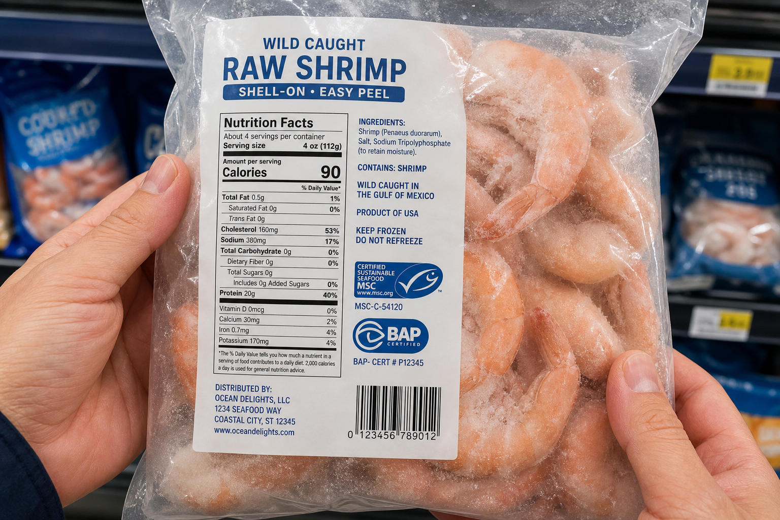 Close-up of a frozen shrimp package label being examined in a grocery store