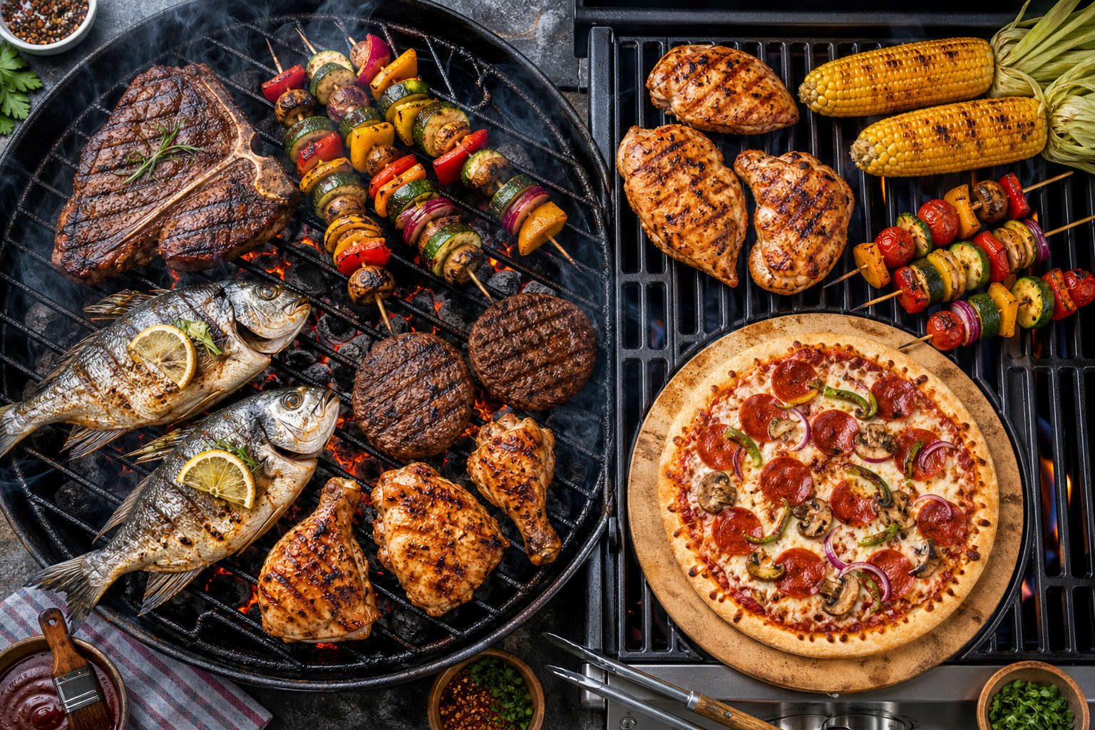 Variety of foods including steaks, vegetables, and fish cooking on grill grates