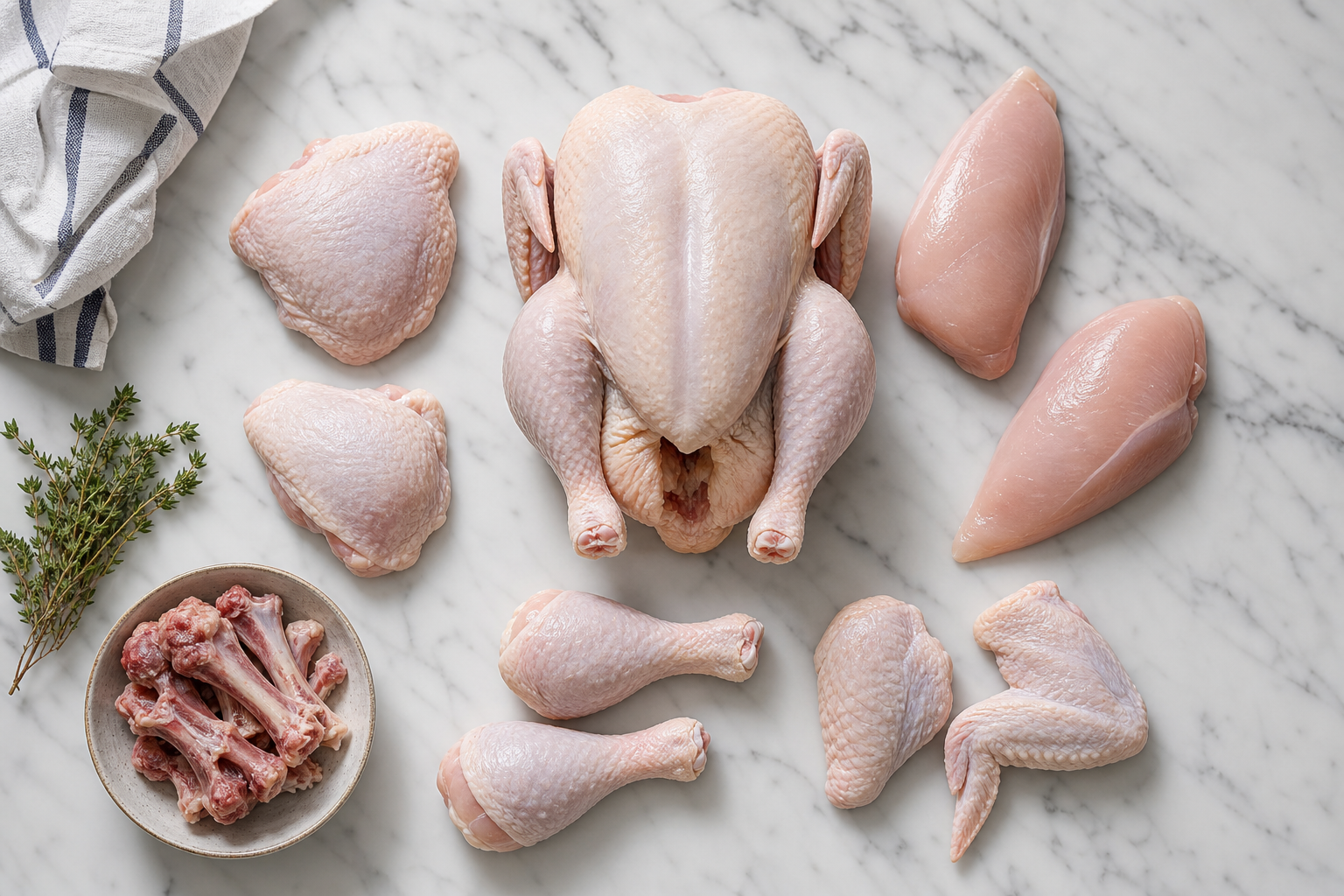 Whole chicken with individual parts laid out showing yield
