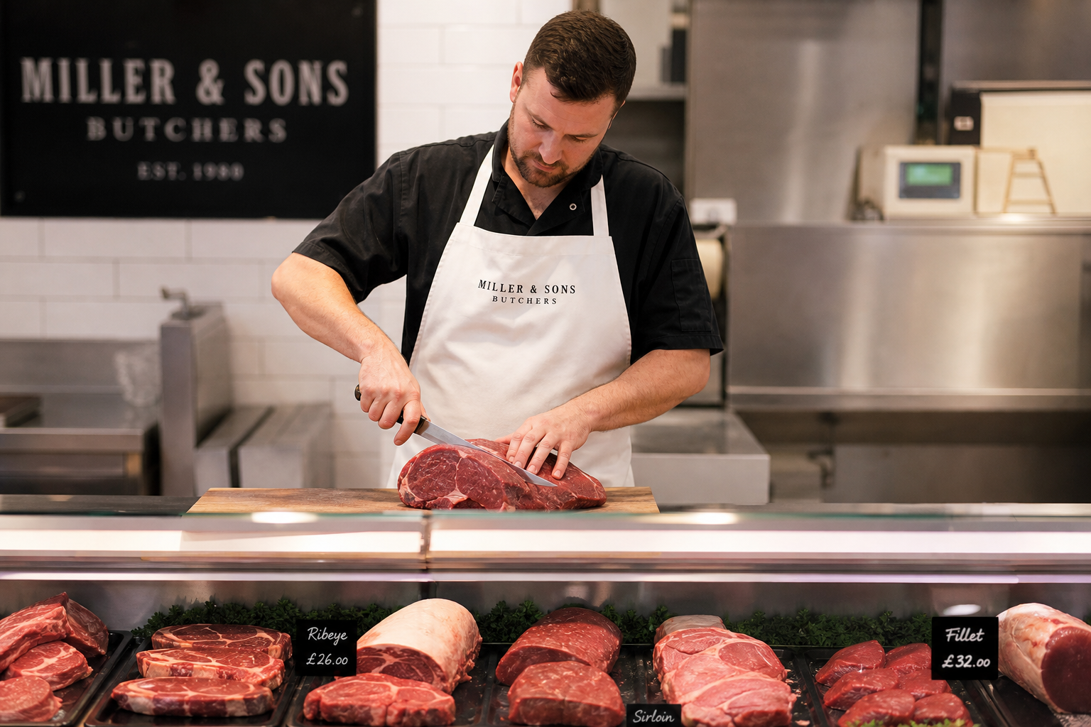 Butcher preparing fresh meat cuts at a professional butcher counter