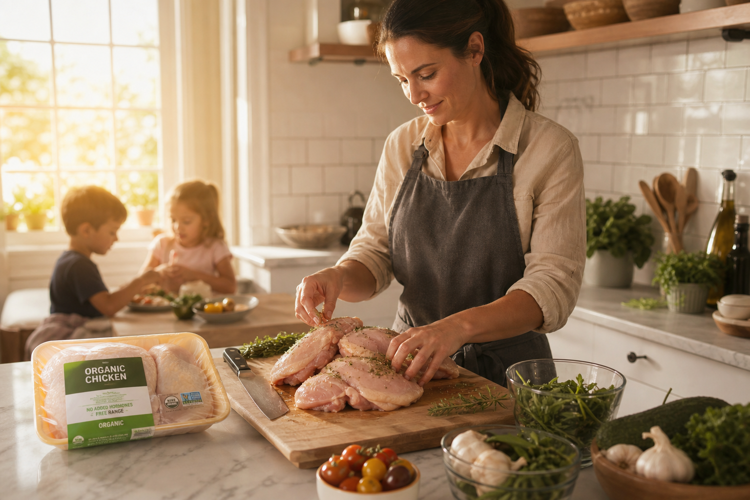 Person preparing organic chicken in a family kitchen setting with fresh ingredients
