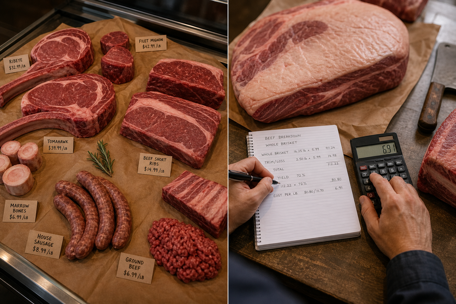Butcher Shop vs Grocery Store: When Custom Cuts Beat Price 10 Comparison of whole meat cuts with price calculations showing butcher shop value