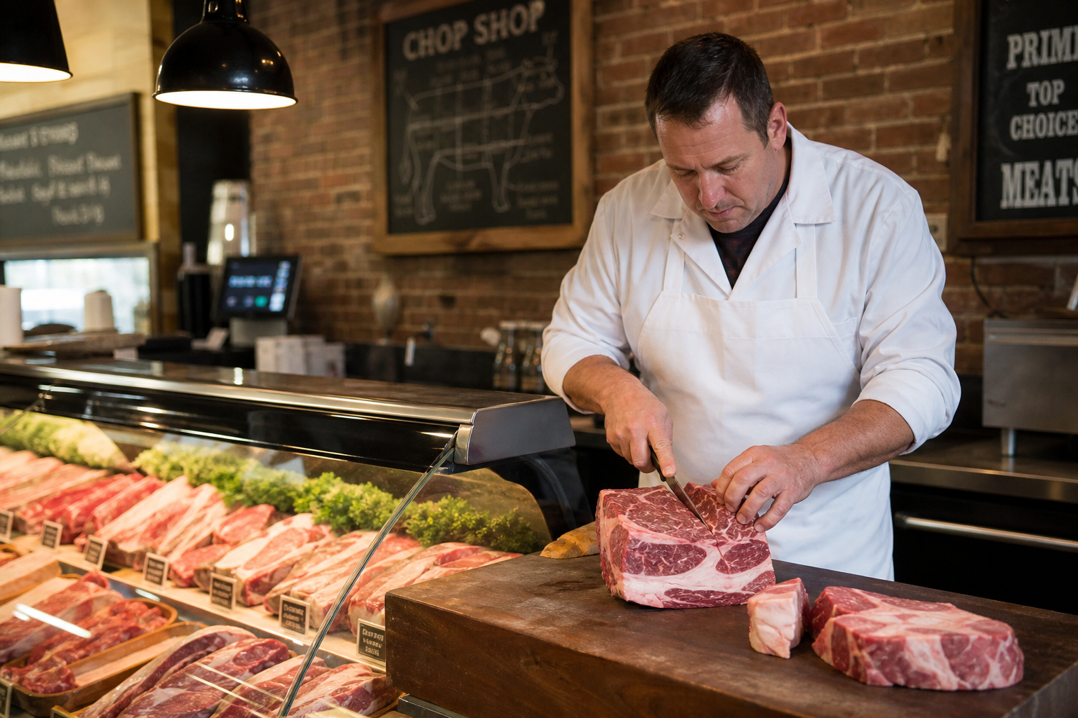 Butcher Shop vs Grocery Store: When Custom Cuts Beat Price 7 Butcher hand-cutting premium meat at traditional butcher shop counter