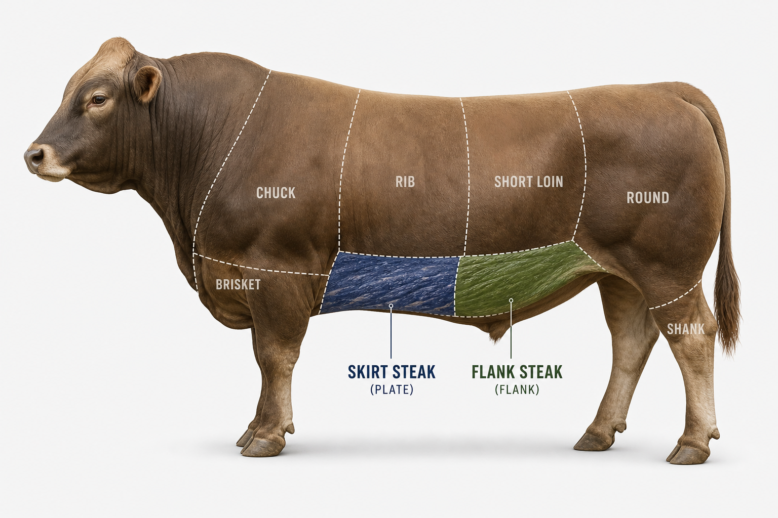 Diagram showing flank steak and skirt steak locations on cattle