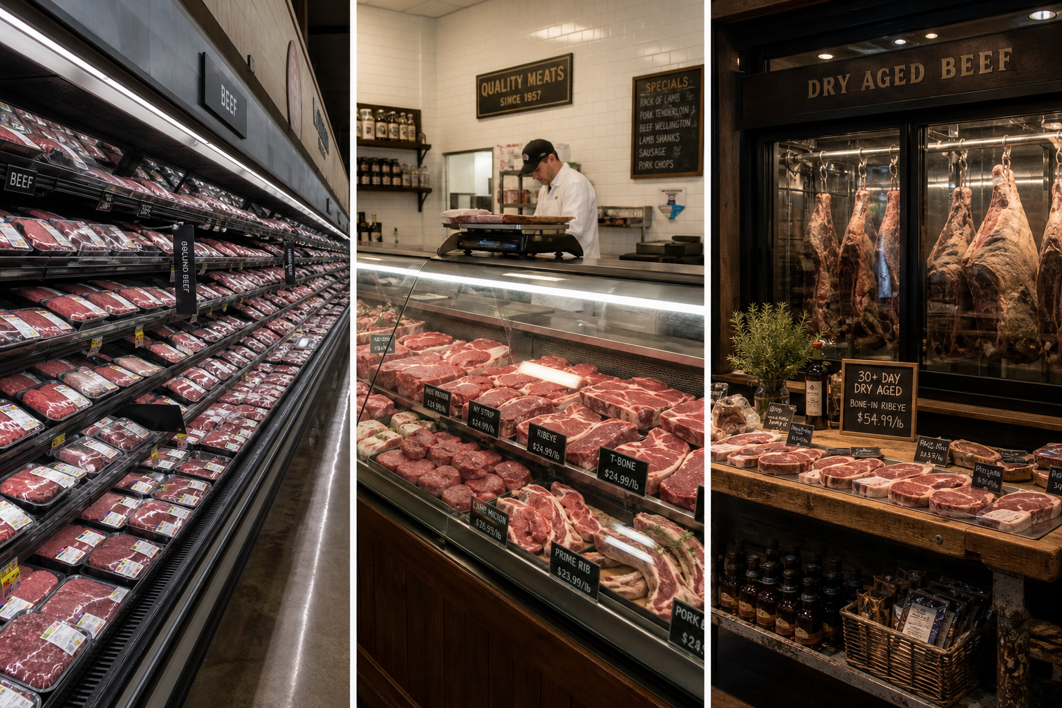 Three-way comparison showing grocery store meat section, butcher counter, and specialty butcher shop