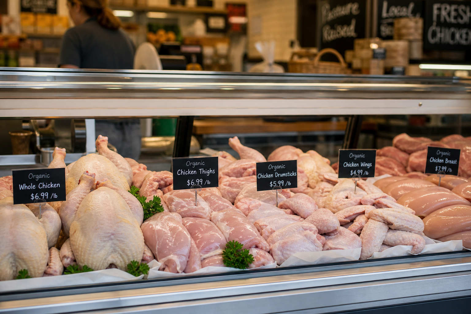 What Is Enhanced Chicken? How to Spot and Avoid It 7 Fresh chicken at butcher counter or farmers market display