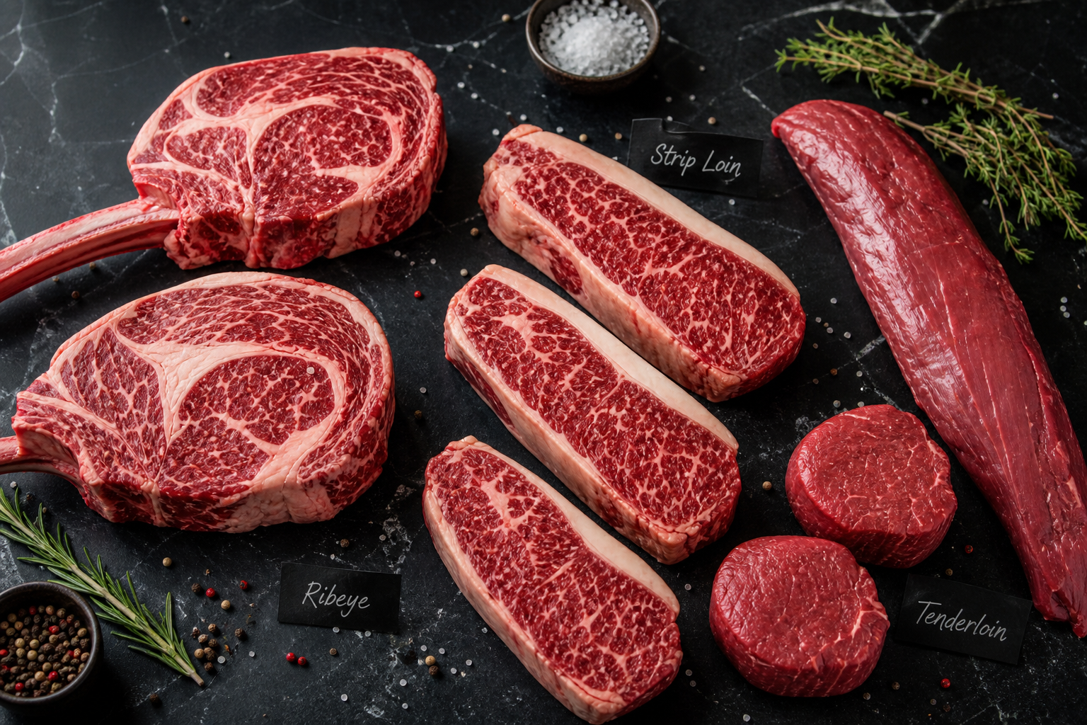 Wet Aged vs Dry Aged Beef: Key Differences Explained 10 Assortment of premium beef cuts including ribeye and strip loin on dark surface