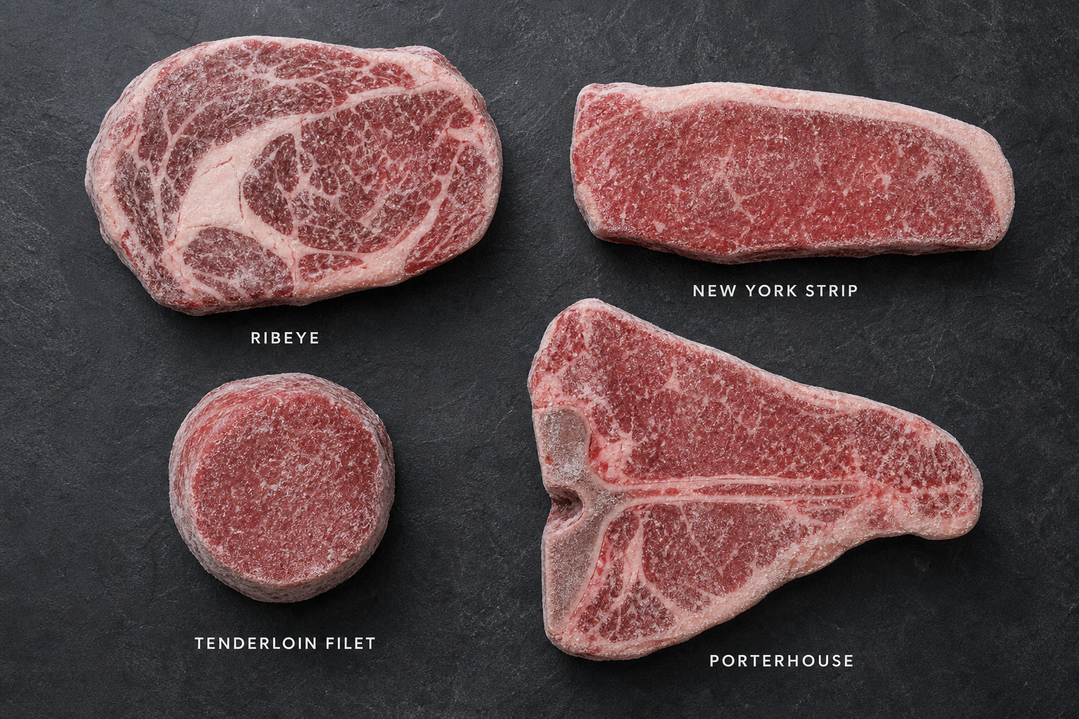 How to Cook a Steak From Frozen for Better Results 11 Variety of frozen premium steak cuts including ribeye, strip, filet, and porterhouse displayed on dark surface