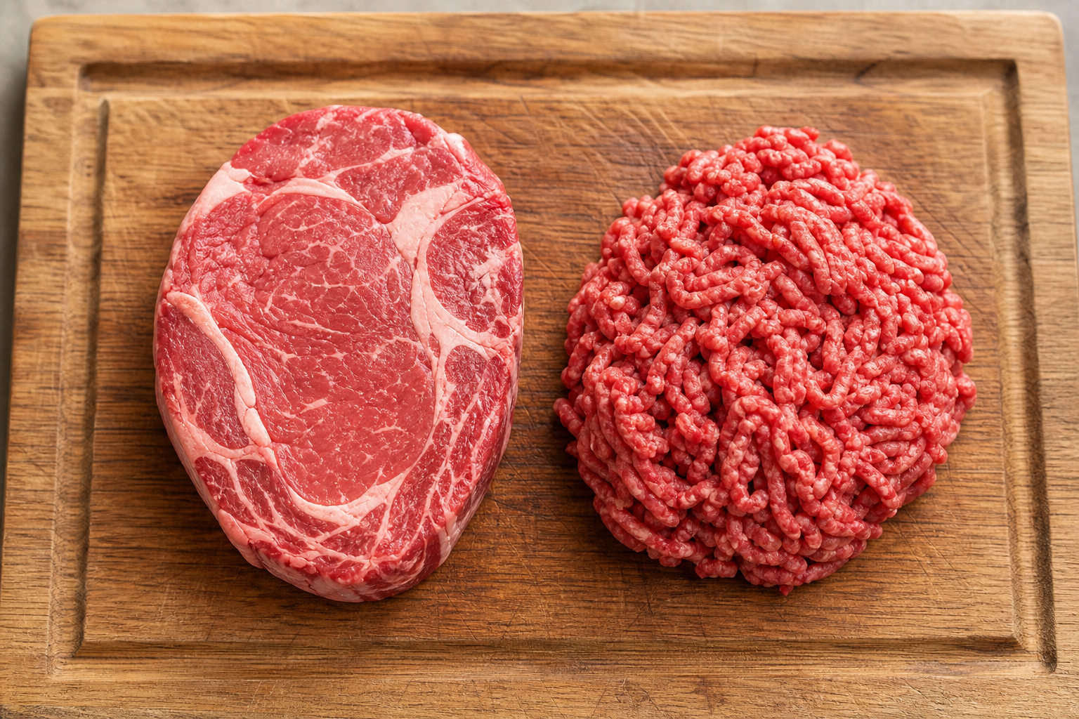 Comparison of whole cut steak and ground beef showing different meat structures