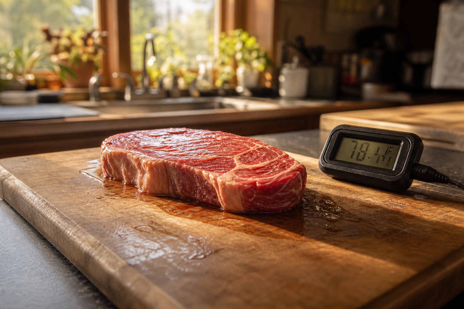 Raw meat thawing unsafely on kitchen counter at room temperature