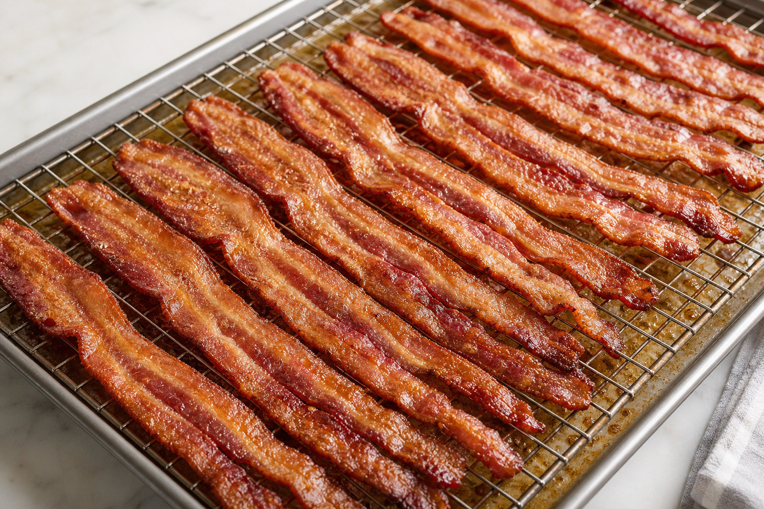 Crispy bacon strips on a wire rack over a baking sheet with rendered fat below