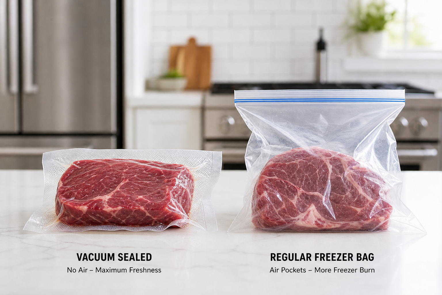 How Long Does Frozen Meat Last? Complete Storage Guide 6 Comparison of vacuum-sealed meat versus regular freezer bag storage showing air removal