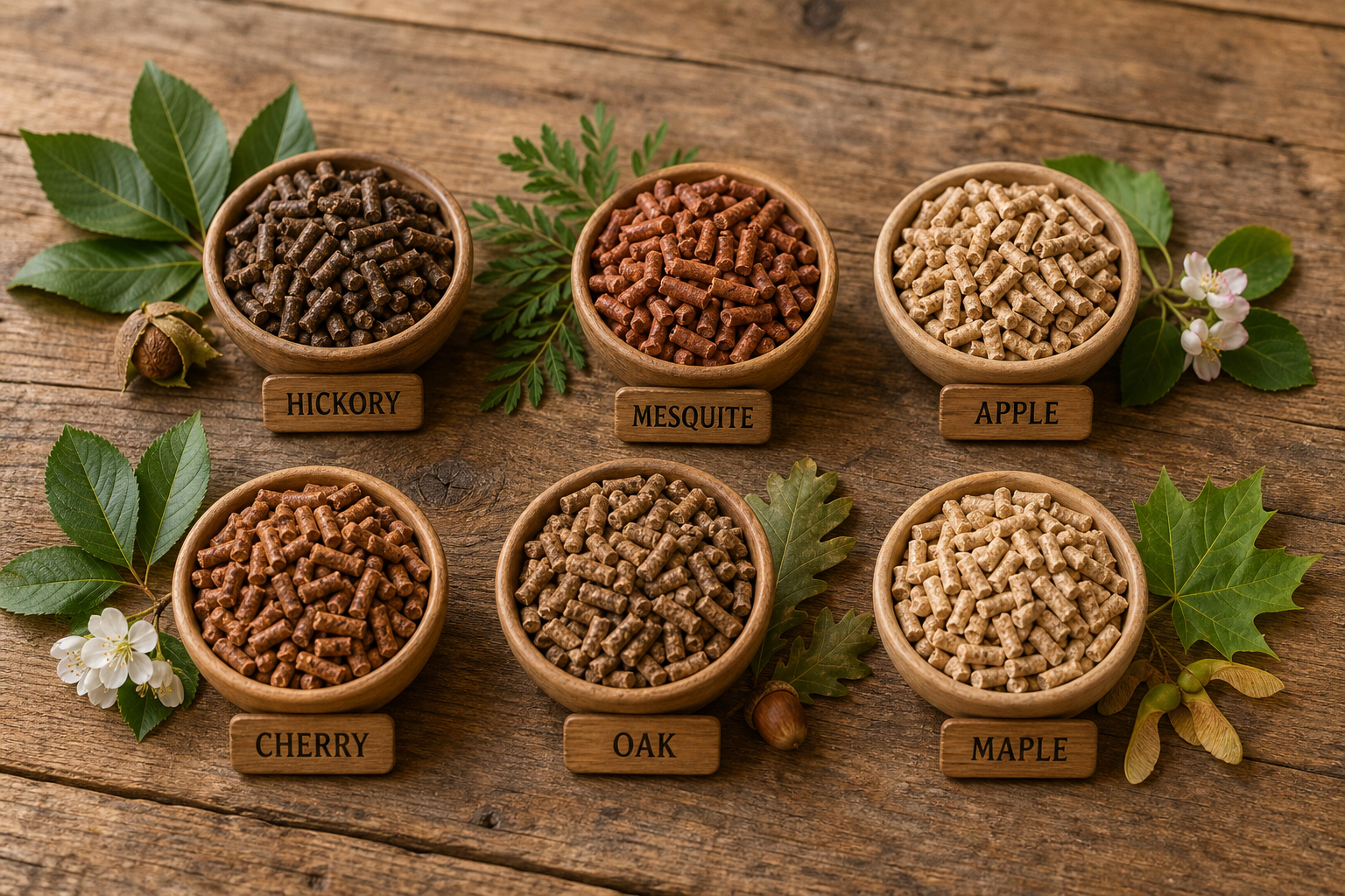 Best Wood Pellets for Smoking: Flavor Guide for Every Meat 7 Various types of wood pellets displayed in bowls with corresponding tree sprigs