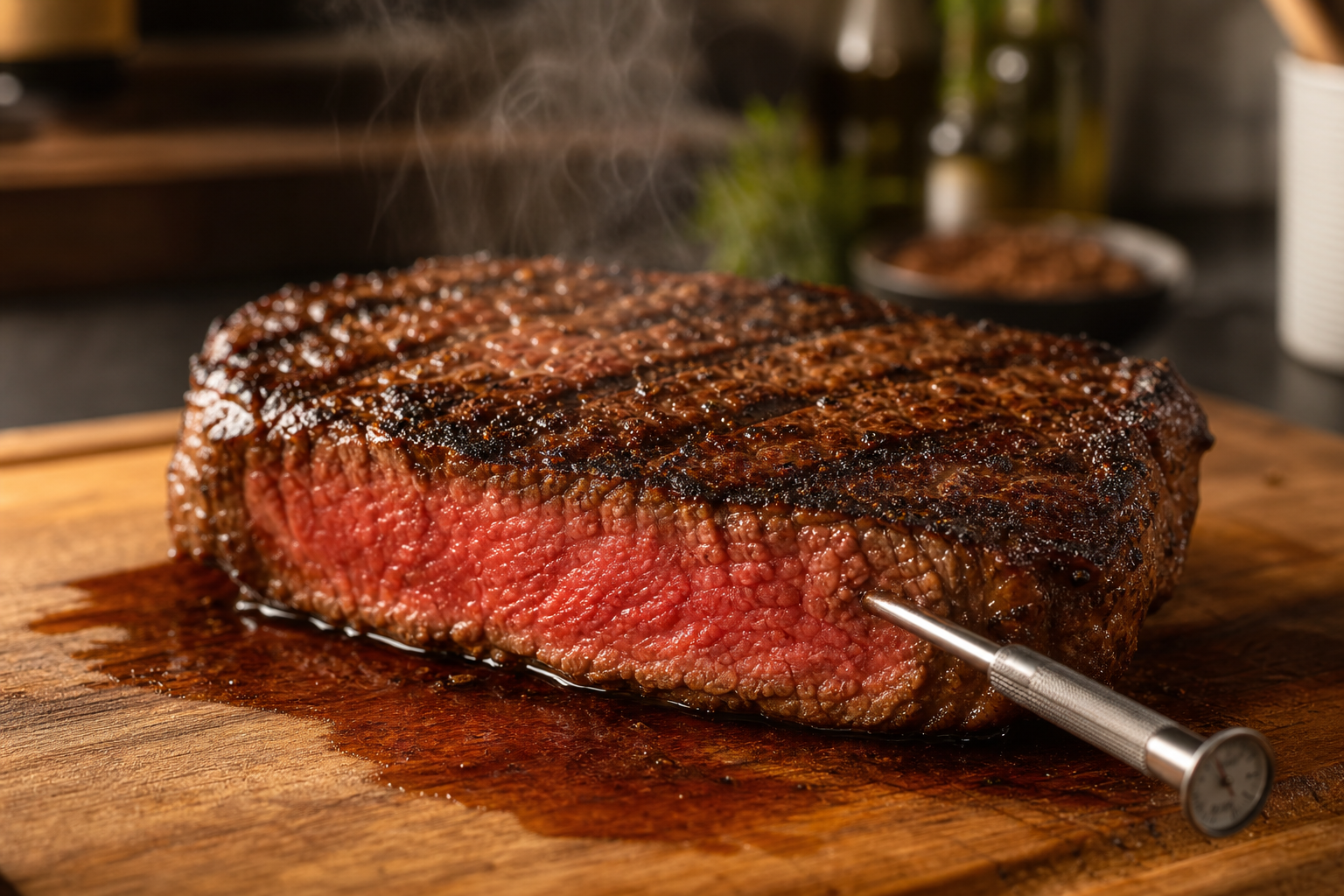 Why Your Grilled Steak Is Tough (And How to Fix It) 9 Grilled steak resting on wooden cutting board with steam rising and juices pooling
