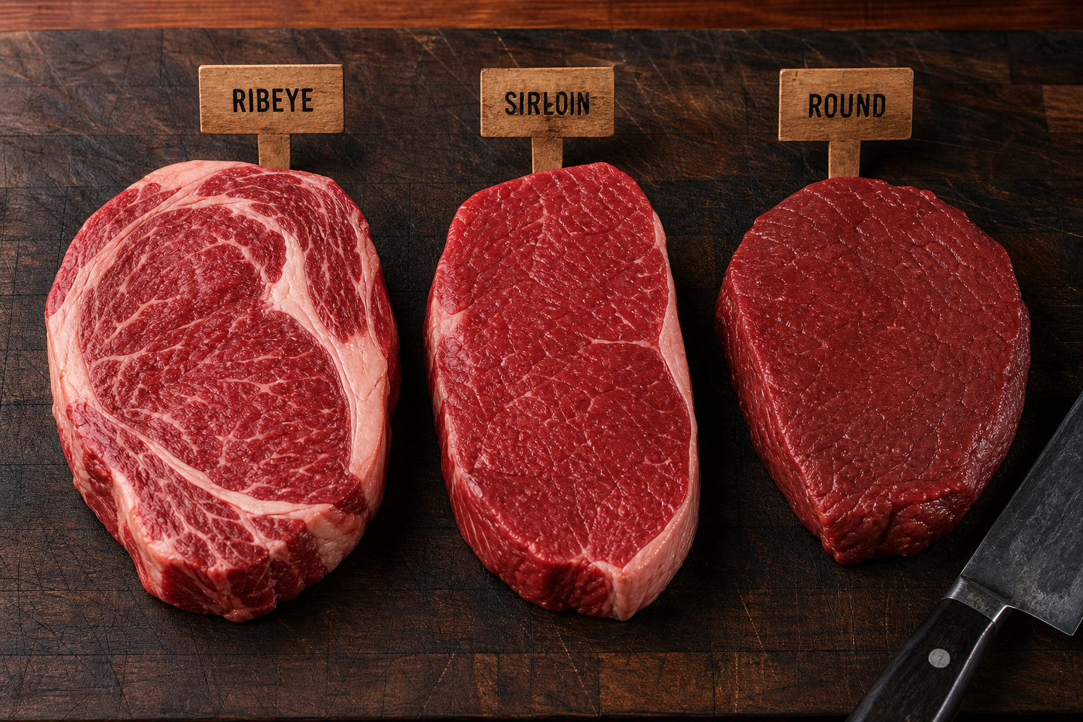 Why Your Grilled Steak Is Tough (And How to Fix It) 7 Three different cuts of raw steak displayed side by side showing marbling differences