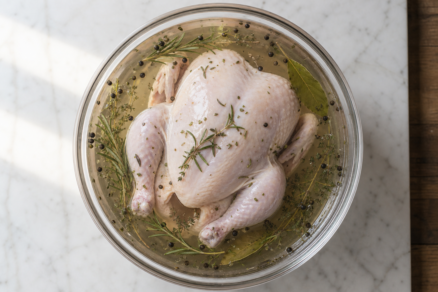 How to Fix Dry Smoked Chicken: Brining and Temperature Tips 7 Raw chicken submerged in seasoned brine with herbs in a glass bowl